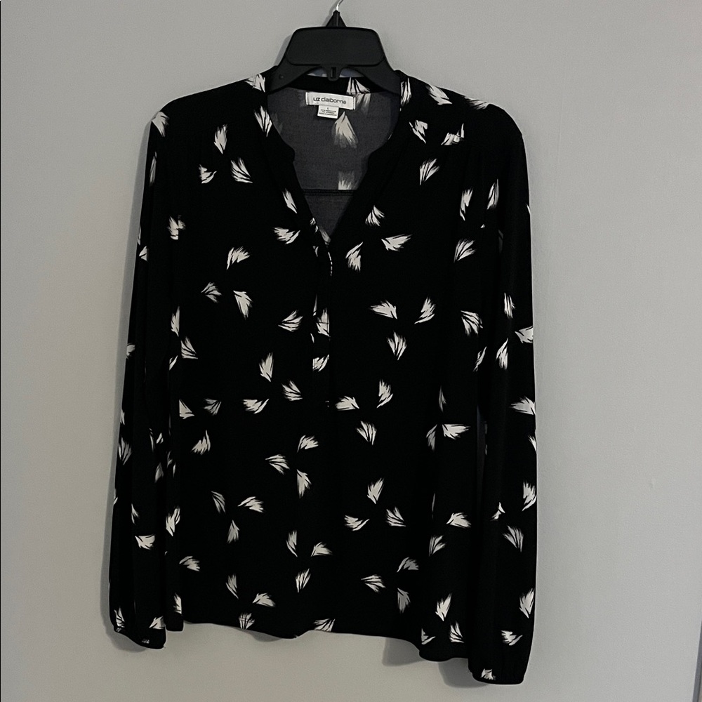Liz Claiborne Black Blouse with White Leaf Pattern